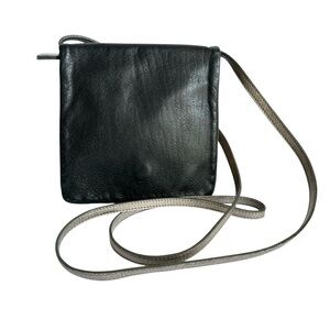 Eileen Fisher Italian Leather Crossbody Bag Black Metallic Flap Purse Travel